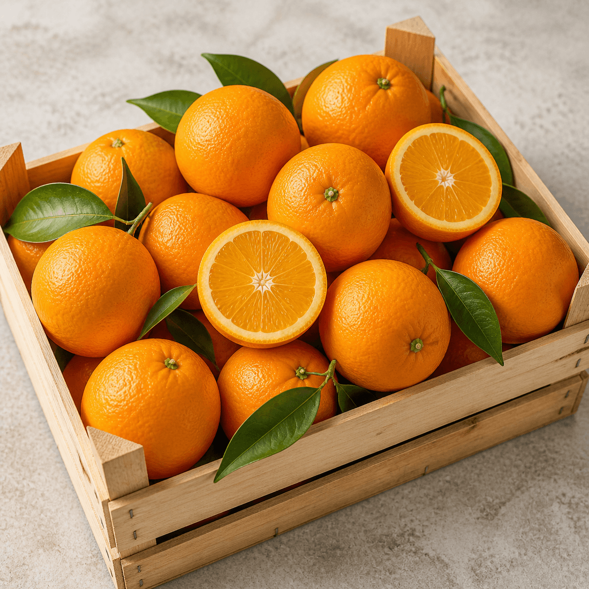 Fresh Spanish oranges in a produce crate